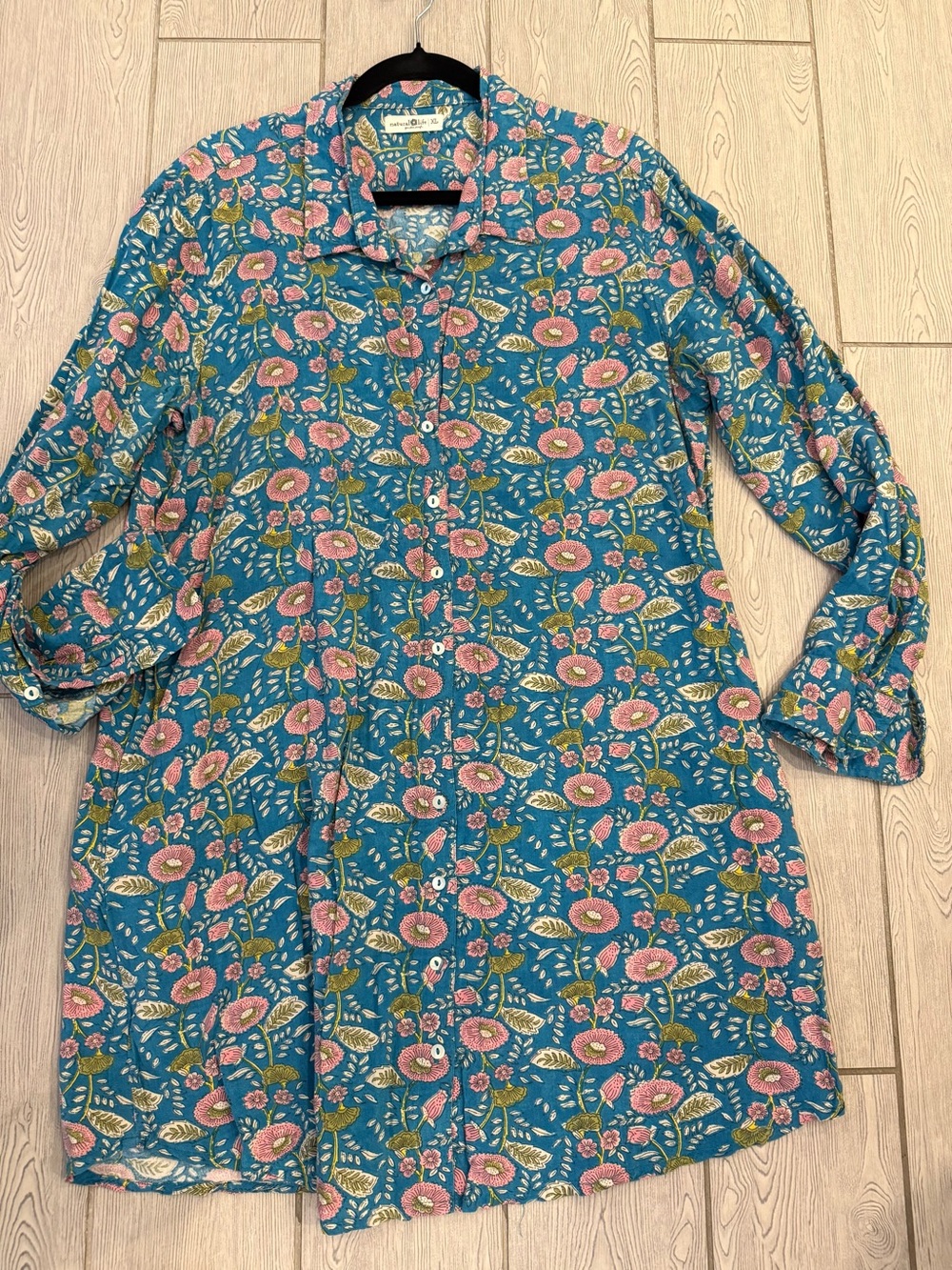NL Teal andcPink Flower Button Front Mini Dress Lg Sleeve